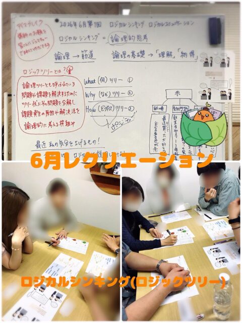 こんにちは🌼
ゆうりです🙋‍♀️

本日は、6月のレクリエーションの様子をお届けします👀

6月は「ロジカルシンキング・ロジカルコミュニケーション」をテーマに実施しました。

4週にわたり、ロジカルシンキングの定着を目指して取り組んでいます📖

ロジカルシンキングとは、論理思考のことを指します。

論理とは物事を筋道立てて考えることであり、
その基礎には「理解」と「納得」があります。

今回はロジックツリーを活用しながら、
問題や課題について論理的に考えることに挑戦しました💪

まず、ロジックツリーへの理解を深めた後、
Whatツリー・Whyツリー・Howツリーを用いて、
「最近、自分の気分を上げるもの」について論理的に説明するワークを行いました。

参加者の皆さんは、それぞれ自分の気分の上がるものについて、
にこやかに、そして論理的に発表されていました☺️

日常生活の中でも、相手に自分の考えを伝えられないと感じることがありますよね😔

伝えたい内容を理解し、論理的に伝えることで、
相手に理解してもらいやすくなり、
自分の意図も汲み取ってもらいやすくなります。

今回学んだロジカルシンキングを、
今後の業務や日常生活にも活かしていきたいですね📚

________________________________________

🌷当事業所では新しい仲間を募集しています🌷

「まずは雰囲気を知りたい」

「話を聞いてみたい」

という方、ぜひ一度見学に来てみませんか？

見学や体験は随時受け付けております。

お気軽にお問い合わせください。

☎️052-212-8412(10:00〜16:00)

________________________________________

#ロジカルシンキング 
#レクリエーション
#名古屋 
#継続支援a型事業所 
#会計職人